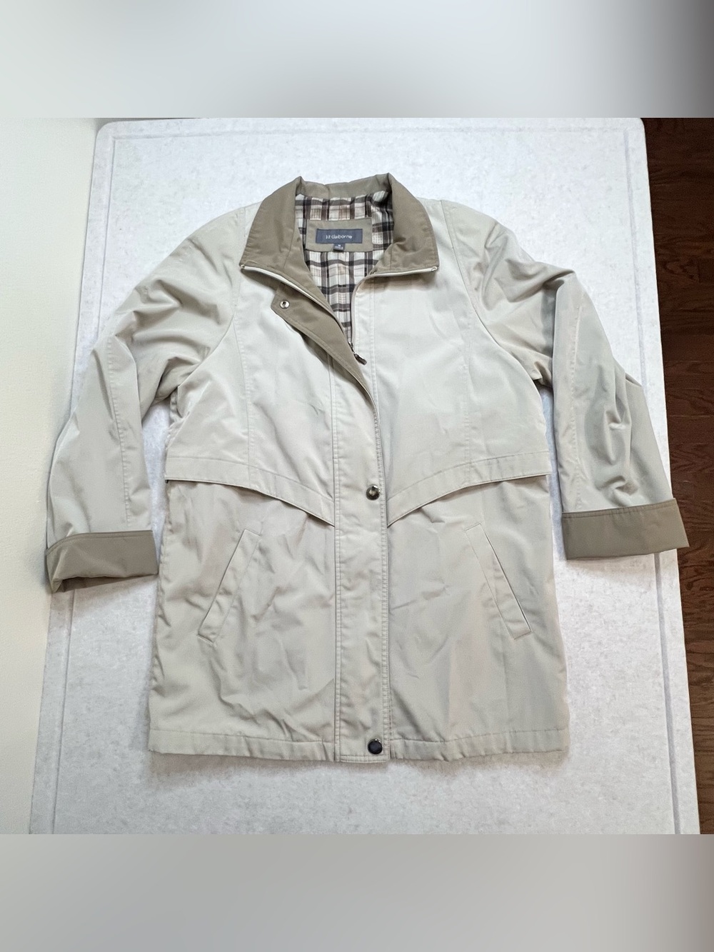 ✨ Liz Claiborne Khaki Plaid Lined Rain Trench Coat Jacket Medium M